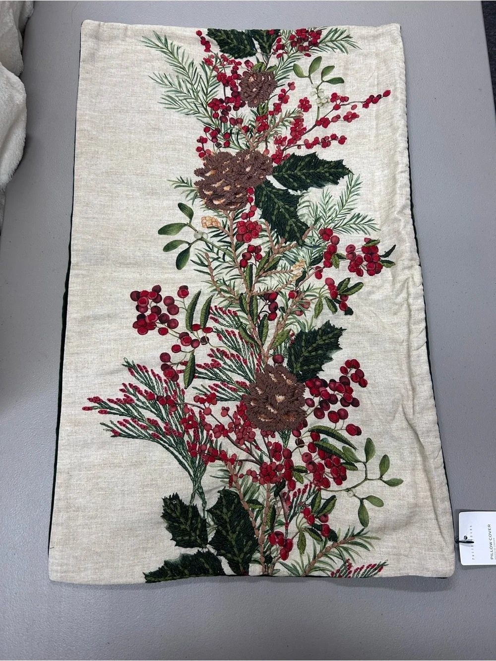 Pottery Barn Holly Berry Embroidered Lumbar Pillow Cover Solid Green Back NWT